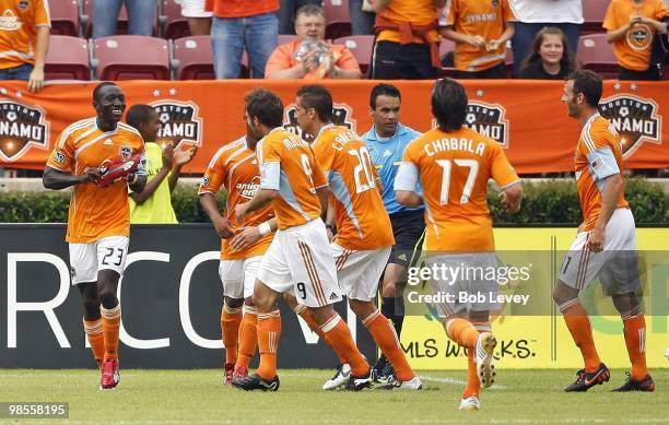 Dominic Oduro of the Houston Dynamo celebrates after his second half goal against Chivas USA at Robertson Stadium on April 17, 2010 in Houston, Texas.