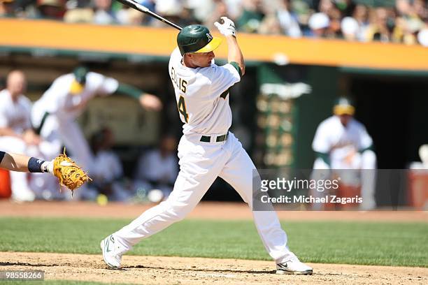 Mark Ellis of the Oakland Athletics hitting during the game against the Seattle Mariners at the Oakland Coliseum in Oakland, California on April 8,...