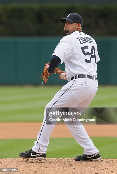 Joel Zumaya of the Detroit Tigers pitches against the Cleveland Indians during Opening Day at Comerica Park on April 9, 2010 in Detroit, Michigan....