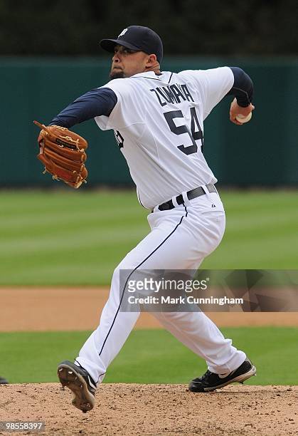 Joel Zumaya of the Detroit Tigers pitches against the Cleveland Indians during Opening Day at Comerica Park on April 9, 2010 in Detroit, Michigan....