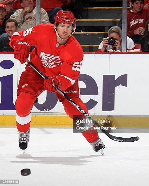 Niklas Kronwall of the Detroit Red Wings makes a pass during Game Three of the Eastern Conference Quarterfinals of the 2010 NHL Stanley Cup Playoffs...