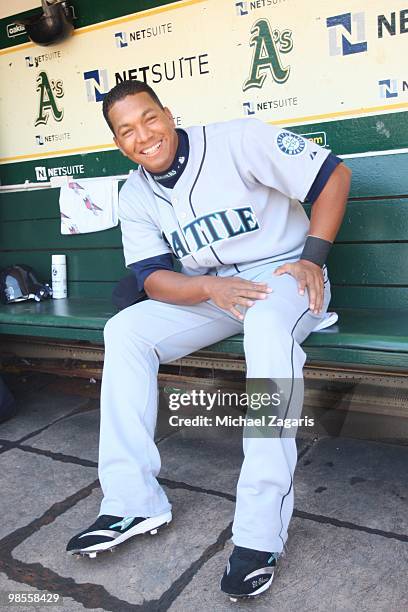 Jose Lopez of the Settle Mariners relaxing in the dugout prior to the game against the Oakland Athletics at the Oakland Coliseum in Oakland,...