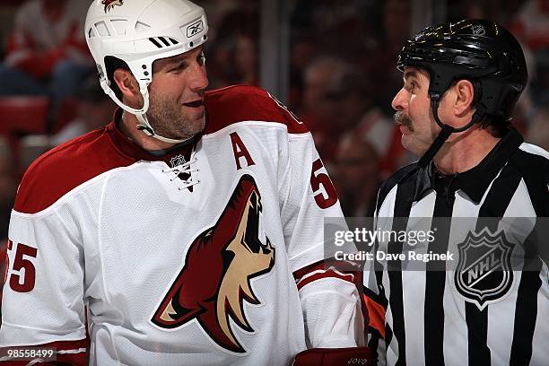 Ed Jovanovski of the Phoenix Coyotes is talked to by Veteran Referee Bill McCreary during Game Three of the Eastern Conference Quarterfinals of the...