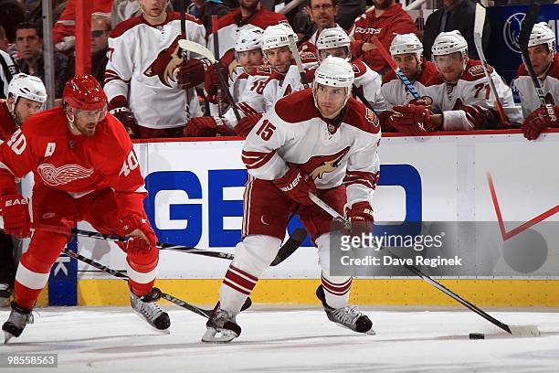 Matthew Lombardi of the Phoenix Coyotes looks to make a pass in front of Henrik Zetterberg of the Detroit Red Wings during Game Three of the Eastern...