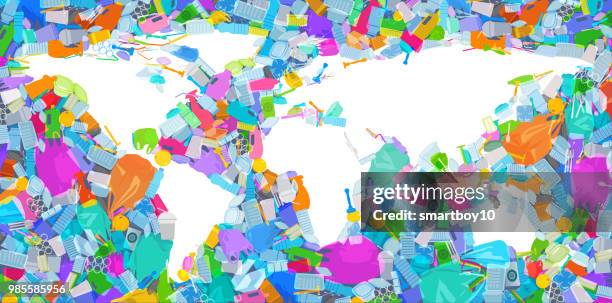 world map with plastic waste oceans - dishwashing liquid stock illustrations