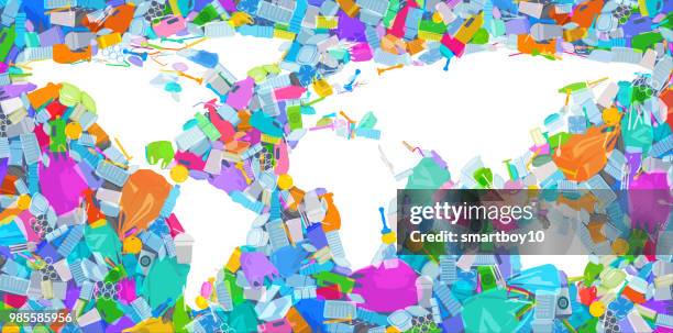 world map with plastic waste oceans - water damage stock illustrations