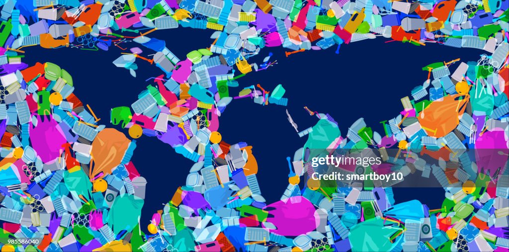 World Map with plastic waste oceans