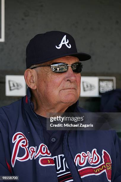 Manager Bobby Cox of the Atlanta Braves sitting in the dugout prior to the game against the San Francisco Giants on Opening Day at AT&T in San...