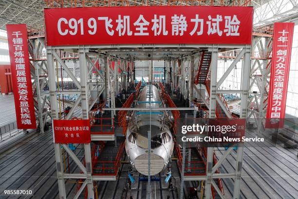 China's first domestically made C919 passenger jet is seen under static test before its trial flight on June 25, 2018 in Shanghai, China. The C919...