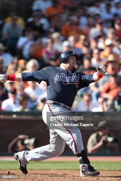 Eric Hinske of the Atlanta Braves hitting during the game against the San Francisco Giants on Opening Day at AT&T in San Francisco, California on...