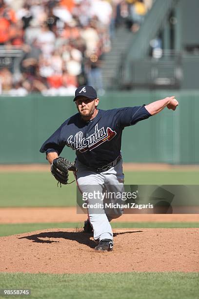 Billy Wagner of the Atlanta Braves pitching during the game against the San Francisco Giants on Opening Day at AT&T in San Francisco, California on...