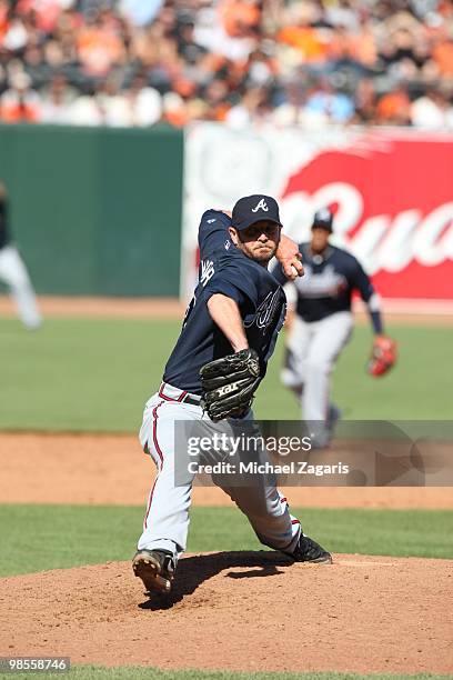 Billy Wagner of the Atlanta Braves pitching during the game against the San Francisco Giants on Opening Day at AT&T in San Francisco, California on...