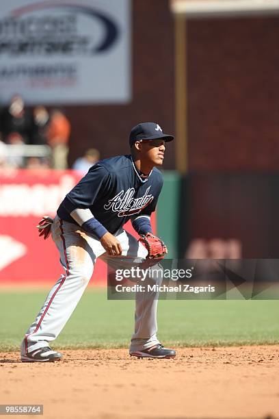 Yunel Escobar of the Atlanta Braves fielding during the game against the San Francisco Giants on Opening Day at AT&T in San Francisco, California on...