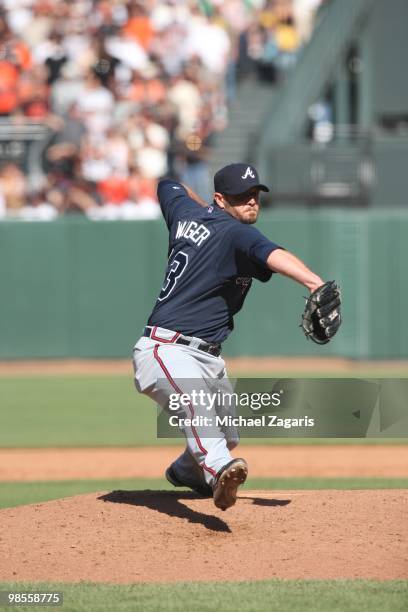 Billy Wagner of the Atlanta Braves pitching during the game against the San Francisco Giants on Opening Day at AT&T in San Francisco, California on...