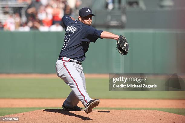 Billy Wagner of the Atlanta Braves pitching during the game against the San Francisco Giants on Opening Day at AT&T in San Francisco, California on...