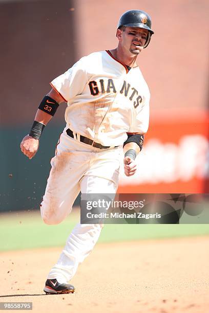 Aaron Rowand of the San Francisco Giants running the bases during the game against the Atlanta Braves on Opening Day at AT&T in San Francisco,...
