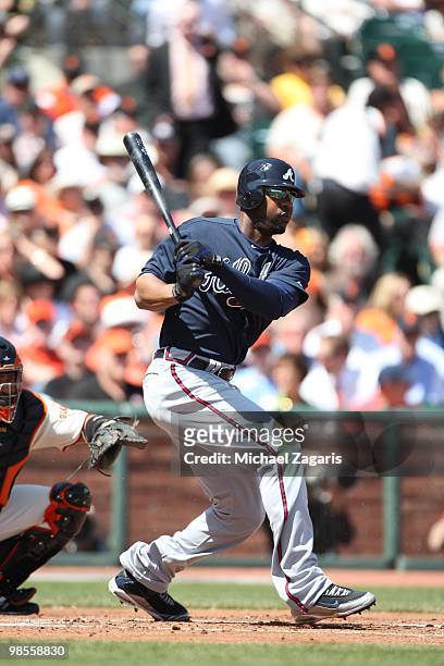 Jason Heyward of the Atlanta Braves hitting during the game against the San Francisco Giants on Opening Day at AT&T in San Francisco, California on...