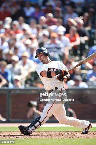 Aaron Rowand of the San Francisco Giants hitting during the game against the Atlanta Braves on Opening Day at AT&T in San Francisco, California on...