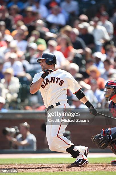 Mark DeRosa of the San Francisco Giants hitting during the game against the Atlanta Braves on Opening Day at AT&T in San Francisco, California on...