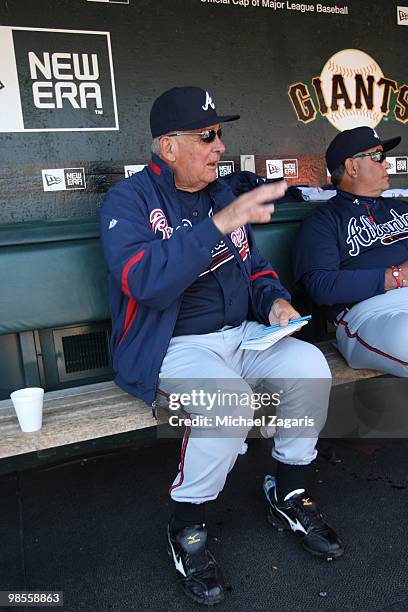 Manager Bobby Cox of the Atlanta Braves sitting in the dugout prior to the game against the San Francisco Giants on Opening Day at AT&T in San...