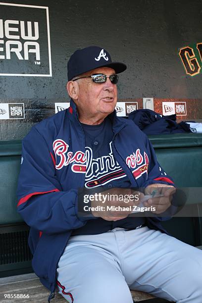 Manager Bobby Cox of the Atlanta Braves sitting in the dugout prior to the game against the San Francisco Giants on Opening Day at AT&T in San...