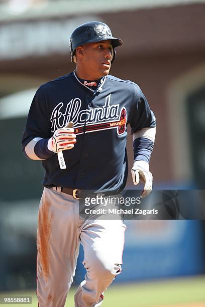 Yunel Escobar of the Atlanta Braves running the bases during the game against the San Francisco Giants on Opening Day at AT&T in San Francisco,...