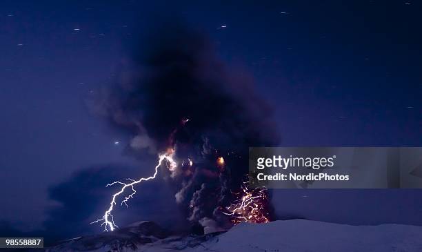 Lightning is seen within a cloud of volcanic matter as it rises from the erupting Eyjafjallajokull volcano April 18, 2010 Eyjafjallajokull, Iceland....
