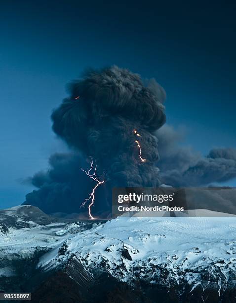 Lightning is seen within a cloud of volcanic matter as it rises from the erupting Eyjafjallajokull volcano April 18, 2010 Eyjafjallajokull, Iceland....