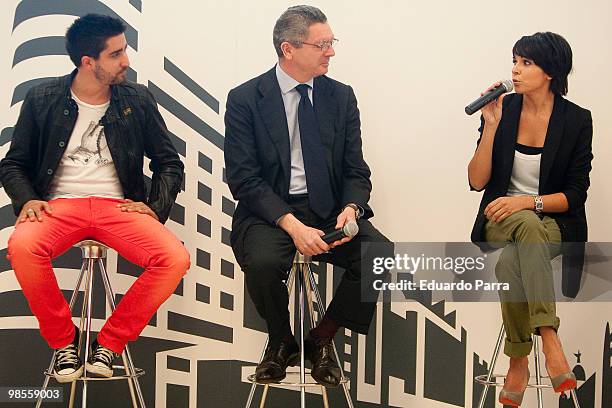 Alex Ubago, Alberto Ruiz Gallardon and Raquel del Rosario attend Gran Via's centenary concert press conference at Madrid City Hall on April 19, 2010...