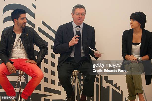 Alex Ubago, Alberto Ruiz Gallardon and Raquel del Rosario attend Gran Via's centenary concert press conference at Madrid City Hall on April 19, 2010...