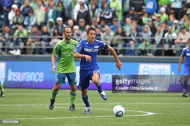 Davy Arnaud of the Kansas City Wizards in action against the Seattle Sounders FC on April 17, 2010 at Qwest Field in Seattle, Washington.