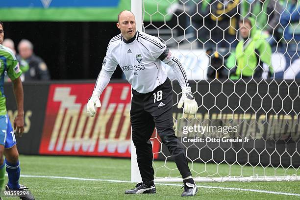 Kasey Keller of the Seattle Sounders FC in action against the Kansas City Wizards on April 17, 2010 at Qwest Field in Seattle, Washington.