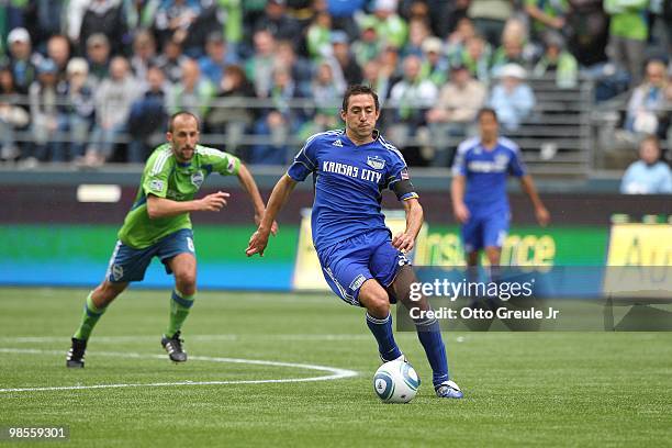 Davy Arnaud of the Kansas City Wizards in action against the Seattle Sounders FC on April 17, 2010 at Qwest Field in Seattle, Washington.