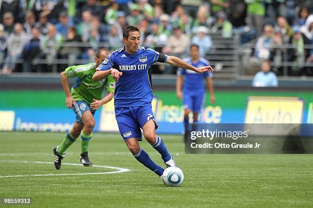 Davy Arnaud of the Kansas City Wizards in action against the Seattle Sounders FC on April 17, 2010 at Qwest Field in Seattle, Washington.