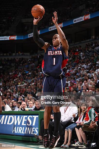 Maurice Evans of the Atlanta Hawks takes a jump shot against the Milwaukee Bucks during the game on April 12, 2010 at the Bradley Center in...