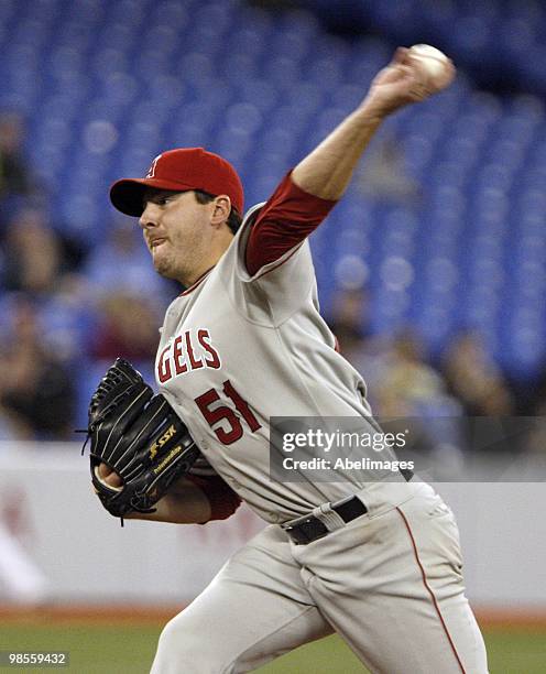 Joe Saunders of the Los Angeles Angels of Anaheim throws against the Toronto Blue Jays during a MLB game at the Rogers Centre April 17, 2010 in...