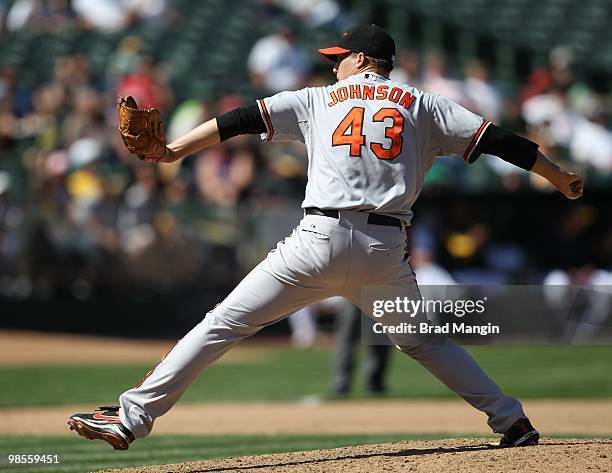 Jim Johnson of the Baltimore Orioles pitches against the Oakland Athletics during the game at the Oakland-Alameda County Coliseum on April 18, 2010...