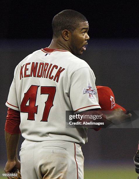 Howard Kendrick of the Los Angeles Angels jokes around while playing against the Toronto Blue Jays during a MLB game at the Rogers Centre April 17,...