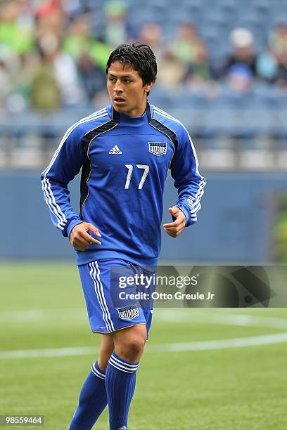 Roger Espinoza of the Kansas City Wizards looks on prior to the game against the Seattle Sounders FC on April 17, 2010 at Qwest Field in Seattle,...