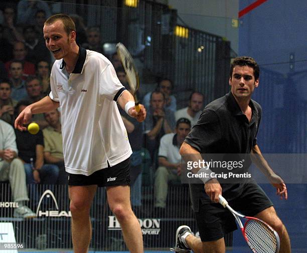 Peter Nicol of England [left] in action during his semi-final match with Martin Heath of Scotland in the Halifax Equitable Super Squash Finals at the...