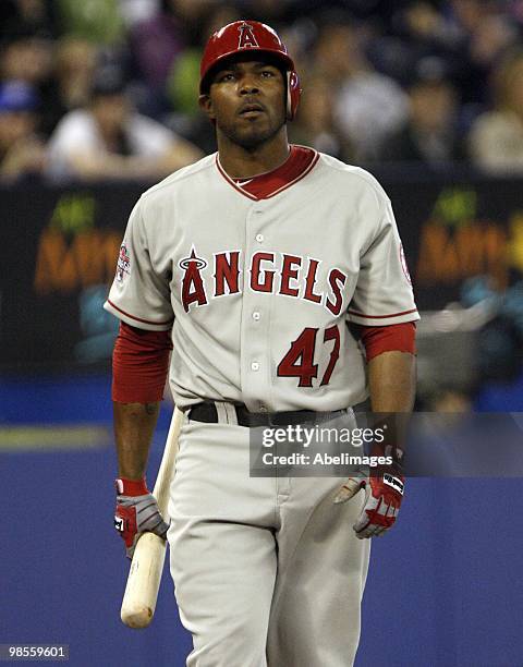 Howard Kendrick of the Los Angeles Angels walks to the plate against the Toronto Blue Jays during a MLB game at the Rogers Centre April 17, 2010 in...