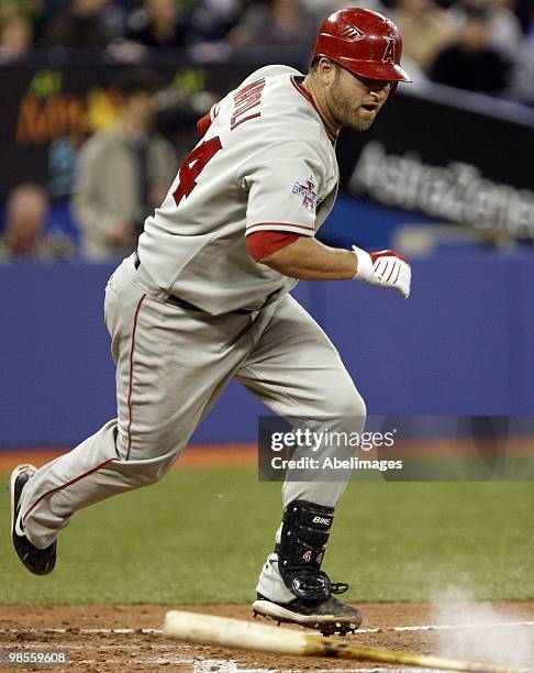 Mike Napoli of the Los Angeles Angels hits against the Toronto Blue Jays during a MLB game at the Rogers Centre April 17, 2010 in Toronto, Ontario,...
