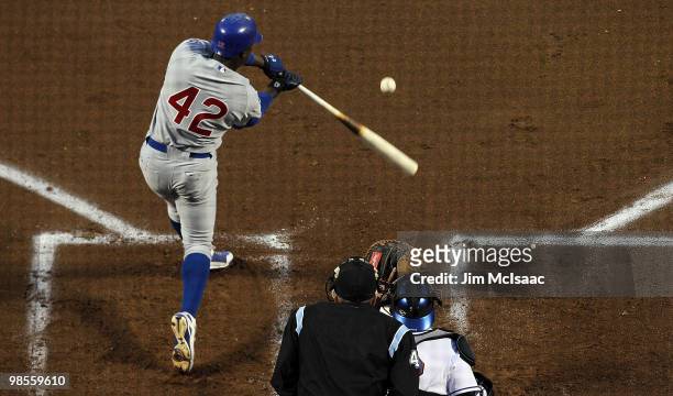 Alfonso Soriano of the Chicago Cubs connects on a second inning double against the New York Mets on April 19, 2010 at Citi Field in the Flushing...