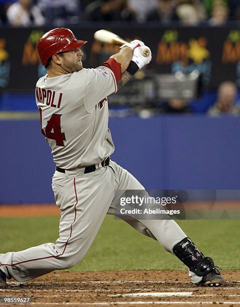 Mike Napoli of the Los Angeles Angels hits against the Toronto Blue Jays during a MLB game at the Rogers Centre April 17, 2010 in Toronto, Ontario,...