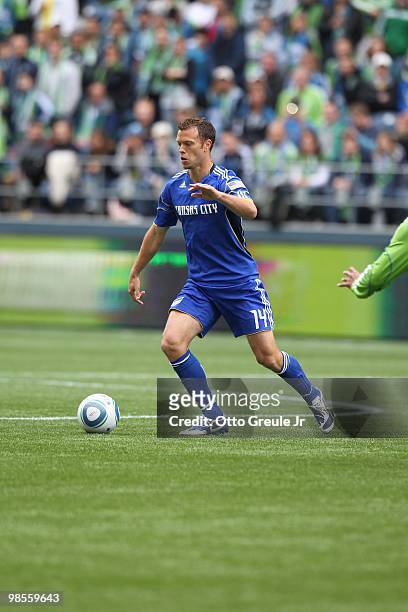 Jack Jewsbury of the Kansas City Wizards in action against the Seattle Sounders FC on April 17, 2010 at Qwest Field in Seattle, Washington.