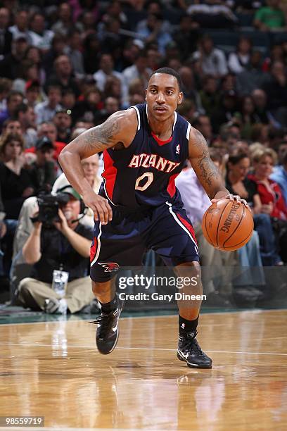 Jeff Teague of the Atlanta Hawks moves the ball against the Milwaukee Bucks during the game on April 12, 2010 at the Bradley Center in Milwaukee,...