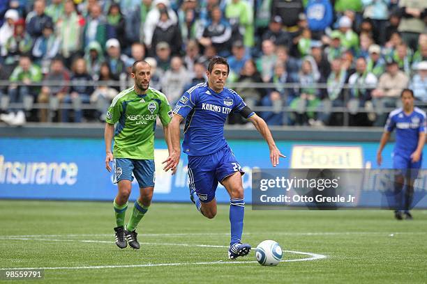 Davy Arnaud of the Kansas City Wizards in action against the Seattle Sounders FC on April 17, 2010 at Qwest Field in Seattle, Washington.