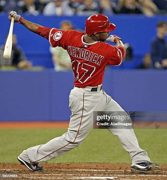 Howard Kendrick of the Los Angeles Angels of Anaheim hits against the Toronto Blue Jays during a MLB game at the Rogers Centre April 18, 2010 in...