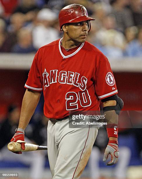 Juan Rivera of the Los Angeles Angels of Anaheim strikes out against the Toronto Blue Jays during a MLB game at the Rogers Centre April 18, 2010 in...