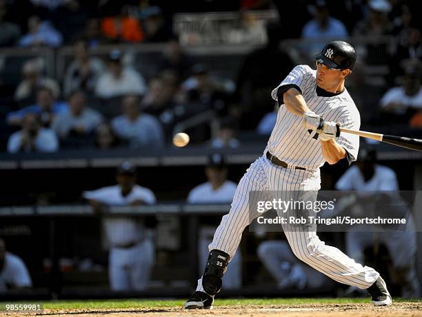 Mark Teixeira of the New York Yankees bats against the Los Angeles Angels of Anaheim at Yankee Stadium on April 14, 2010 in the Bronx borough of...